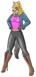  anthro blonde_hair boots breasts civet clothing female gunther_silves hair looking_at_viewer pants pixel_art solo 