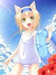  alice_margatroid alice_margatroid_(pc-98) anni_minto blonde_hair blue_hairband cloud collarbone day fang flower green_eyes hairband hibiscus highres one-piece_swimsuit open_mouth school_swimsuit short_hair skindentation sky solo swimsuit touhou touhou_(pc-98) white_school_swimsuit white_swimsuit 