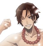  1boy brown_hair freckles jewelry male male_focus muscle necklace one_piece petals portgas_d_ace smile solo teeth topless white_background wink 