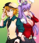  barnaby_brooks_jr barnaby_brooks_jr_(cosplay) blonde_hair breasts cleavage cosplay dos_(james30226) fang hat jewelry kaburagi_t_kotetsu kaburagi_t_kotetsu_(cosplay) large_breasts multiple_girls purple_hair red_eyes reisen_udongein_inaba ring sunglasses tiger_&amp;_bunny toramaru_shou touhou yellow_eyes 