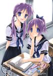  alternate_hairstyle blue_eyes book desk highres hiiragi_kagami hiiragi_tsukasa long_hair lucky_star multiple_girls nyanmilla purple_hair school_desk school_uniform serafuku short_hair siblings sisters twins twintails 