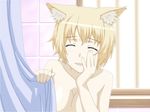  ^_^ animal_ears blonde_hair breasts cleavage closed_eyes covering derivative_work fingernails fox_ears hand_on_own_face medium_breasts nude shirosato short_hair shower_curtain smile solo to_aru_majutsu_no_index touhou wet wet_hair yakumo_ran 