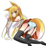  animal_ears black_legwear blonde_hair blue_eyes blush fox_ears fox_tail garter_straps kouzuki_fukurou long_hair looking_at_viewer open_mouth original panties simple_background solo striped striped_panties tail thighhighs underwear very_long_hair white_background 