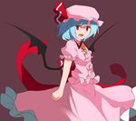  60mai bad_id bad_pixiv_id bat_wings blue_hair bow fang hat hat_ribbon jpeg_artifacts open_mouth puffy_sleeves red_eyes remilia_scarlet ribbon short_hair short_sleeves solo touhou wings 