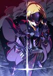  armor artoria_pendragon_(all) blonde_hair dark_excalibur fate/stay_night fate_(series) faulds gauntlets glint greaves hand_on_hilt is_ii long_hair neon_trim saber_alter short_hair smoke solo sword visor_(armor) weapon 