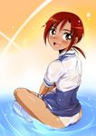  ass ez6 hino_akane_(smile_precure!) looking_back nanairogaoka_middle_school_uniform open_mouth panties precure red_eyes red_hair school_uniform sitting smile_precure! socks solo underwear water 