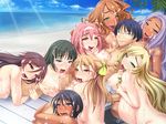  6+girls 8girls ahegao beach breasts bukkake censored cum cum_on_body cum_on_breasts cum_on_hair cum_on_upper_body double_paizuri fucked_silly ganguro glasses harem ishii_akira kimomen_demo_kyokon_nara_mizugi_gal_to_ria_juu_na_natsu_ga_sugoseru! large_breasts miel miel_(company) mosaic_censoring multiple_girls multiple_paizuri nipples nude paizuri penis pregnant smile 