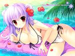  2012 artist_name bikini blush breasts cameltoe cleavage cover cover_page floral_print flower front-tie_top hair_flower hair_ornament hibiscus large_breasts long_hair looking_at_viewer lying mihane_reika mitha nanagane_educational_institution on_side petals print_bikini purple_hair raft red_eyes side-tie_bikini smile solo swimsuit water 