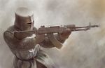  an-94 anachronism armor assault_rifle belt chainmail copyright_request full_armor gun helmet knight male_focus monochrome rifle sepia simple_background solo tabard toy_(toylord) upper_body weapon 