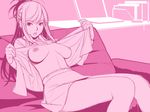  breasts breasts_apart glasses ino kisaragi_rei large_breasts lips monochrome nipples no_bra open_clothes otome_function parted_lips pink ponytail sitting solo undressing 