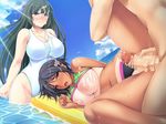  1boy 2girls angry breasts censored cum cum_on_body cum_on_breasts cum_on_clothes cum_on_hair cum_on_upper_body facial glasses ishii_akira kimomen_demo_kyokon_nara_mizugi_gal_to_ria_juu_na_natsu_ga_sugoseru! large_breasts miel miel_(company) multiple_girls nipples penis swimsuit tan tanline 