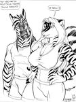  anthro beard big_breasts breasts cleavage clothed clothing duo english_text equine eye_contact facial_hair female hair long_hair male mammal max_blackrabbit navel skunk text two_tone_hair zebra zig_zag 