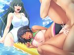  1boy 2girls ahegao blush breasts censored cum cum_in_pussy cum_inside dark_skin eyes_closed fucked_silly glasses ishii_akira kimomen_demo_kyokon_nara_mizugi_gal_to_ria_juu_na_natsu_ga_sugoseru! large_breasts miel miel_(company) multiple_girls nipples pale_breasts penis swimsuit tan tanline 