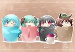  :3 :d ;3 animal_ears black_hair blue_hair brown_hair chibi commentary_request cup dog_ears futatsuiwa_mamizou glasses green_hair grin hammer_(sunset_beach) houjuu_nue in_container in_cup kasodani_kyouko leaf leaf_on_head multiple_girls one_eye_closed open_mouth outline smile tatara_kogasa touhou ufo 