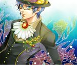  bad_id bad_pixiv_id bespectacled blue_eyes blue_hair boutonniere daisy floral_background flower formal freesia_(flower) glasses hat hat_flower kaito male_focus semi-rimless_eyewear smile solo star suit toba_k under-rim_eyewear vocaloid 