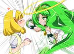  blonde_hair blush closed_eyes commentary_request cure_march dress green_dress green_eyes green_hair grin hairband imminent_kiss impending_hit kise_yayoi midorikawa_nao multiple_girls ponytail precure princess_form_(smile_precure!) school_uniform short_hair skirt smile smile_precure! suzushiro_yukari sweater_vest tri_tails white_hairband 