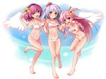  angel angel_beats! barefoot bikini fang flower full_body green_eyes hair_flower hair_ornament hibiscus highres kittika_thaworn long_hair multiple_girls one_eye_closed pink_eyes pink_hair purple_hair short_hair silver_hair swimsuit tenshi_(angel_beats!) two_side_up wings yellow_eyes yui_(angel_beats!) yuri_(angel_beats!) 