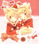  1girl animal_ears brother_and_sister cake cat_ears food kagamine_len kagamine_rin kemonomimi_mode looking_at_viewer one_eye_closed short_hair siblings smile tenma_(xxx) twins vocaloid 
