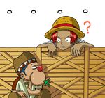  ... 2boys blue_hair box buggy_the_clown hat male male_focus multiple_boys one_piece paper red_hair shanks simple_background straw_hat young younger 