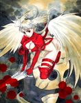  angel_wings blood blood_splatter boots breasts cleavage cleavage_cutout dual_wielding elbow_gloves final_fantasy final_fantasy_tactics gloves head_wings holding kikimimi_612 large_breasts long_hair red_eyes silver_hair solo sword thigh_boots thigh_strap thighhighs ultima_(fft) weapon wings 