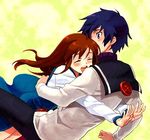  1girl bad_id bad_pixiv_id blue_hair blush brown_hair glomp hirosuke_(psychexx) hug long_hair open_mouth short_hair smile summon_night 