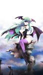  bare_shoulders bat_wings blue_eyes choker demon_girl eyepatch garter_straps green_hair head_wings long_hair morrigan_aensland purple_wings sitting smallbug solo thighhighs vampire_(game) wind wings 