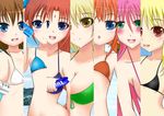  arf bikini blonde_hair blue_eyes blush breasts brown_hair chelsea_masa cleavage fang fate_testarossa front-tie_top green_eyes holding large_breasts lyrical_nanoha mahou_shoujo_lyrical_nanoha mahou_shoujo_lyrical_nanoha_a's multiple_girls open_mouth orange_hair pink_hair red_eyes red_hair shamal signum swimsuit takamachi_nanoha vita yagami_hayate yellow_eyes 