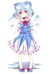  bad_id bad_pixiv_id blue_eyes blue_hair blush bow cirno full_body ginzuki_ringo hair_bow heart highres ice ice_wings puffy_sleeves short_hair short_sleeves smile solo standing touhou transparent_background wings 