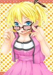  bespectacled blonde_hair blue_eyes breasts cleavage collarbone dakara_boku_wa_h_ga_dekinai fang fukumune_iria glasses large_breasts miyoshi_(triple_luck) open_mouth short_hair side_ponytail sleeveless solo 