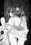  absurdres against_tree ass blush clothes_lift date_a_live greyscale highres japanese_clothes kimono kimono_lift leaning_forward leaning_on_object looking_back monochrome novel_illustration source_request stuffed_animal stuffed_bunny stuffed_toy sweat thigh_gap tree tsunako wet yoshino_(date_a_live) yoshinon yukata yukata_lift 