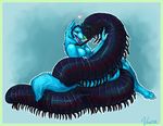  arthropod blue_fur border breasts canine coiling cuddling duo eye_contact female feral fur green_eyes incest interspecies mammal millipede open_mouth simple_background sitting vera wolf 