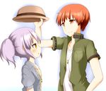  1girl alternate_costume angel_beats! bad_id bad_pixiv_id casual couple faubynet hat hat_removed headwear_removed hetero highres orange_eyes otonashi_(angel_beats!) ponytail red_hair short_hair silver_hair tenshi_(angel_beats!) yellow_eyes 