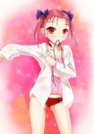  absurdres accel_world ameyoshi blue_bow blue_ribbon bow collarbone hair_bow highres kouzuki_yuniko looking_at_viewer mouth_hold open_clothes open_shirt panties red_eyes red_hair red_panties ribbon ribbon_in_mouth shirt short_hair solo twintails underwear white_shirt 