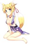  animal_ears bad_id bad_pixiv_id barefoot blonde_hair blue_eyes blush breasts cleavage dog_days fox_ears fox_tail full_body hair_ornament hair_stick looking_at_viewer medium_breasts short_hair simple_background sitting smile solo tail tail_raised wariza white_background yukikaze_panettone zen_o 