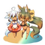  animal_ears bikini breasts brown_hair cleavage collar gradient_hair kuromiya kuromiya_raika large_breasts long_hair multicolored_hair multiple_girls original shiromiya_asuka swimsuit tail tan white_hair yellow_eyes 