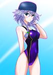  blue_eyes blush braid competition_swimsuit izayoi_sakuya k2 one-piece_swimsuit open_mouth short_hair silver_hair solo swimsuit touhou twin_braids 