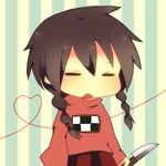  braid brown_hair chibi closed_eyes heart heart_of_string knife lowres madotsuki open_mouth pink_shirt shirt skirt solo striped striped_background tenma_(xxx) twin_braids yume_nikki 