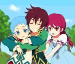  2boys asbel_lhant bad_id bad_pixiv_id blue_eyes blue_hair blush braid cheria_barnes closed_eyes green_shirt grin hirosuke_(psychexx) hubert_ozwell hug hug_from_behind long_hair multiple_boys red_hair shirt short_hair smile tales_of_(series) tales_of_graces yellow_eyes younger 