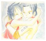  2boys black_hair brother brothers freckles hug jewelry male male_focus monkey_d_luffy multiple_boys necklace one_piece open_mouth portgas_d_ace scar siblings smile tattoo 