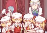  ascot bat_wings black_eyes blonde_hair blue_hair blush bow braid clone closed_eyes crystal curtains fang flandre_scarlet four_of_a_kind_(touhou) hair_bow hat hat_removed hat_ribbon head_wreath headwear_removed izayoi_sakuya kouzilow multiple_girls one_eye_closed open_mouth red_eyes remilia_scarlet ribbon short_hair side_ponytail sitting smile sweatdrop throne touhou twin_braids wings 