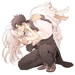  1girl bad_id bad_pixiv_id black_hair carrying closed_eyes command_spell couple dress emiya_kiritsugu fate/zero fate_(series) hetero irisviel_von_einzbern long_hair mcr princess_carry short_hair simple_background smile squatting white_background white_hair 