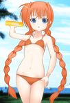  beach bikini blue_eyes blush braid chelsea_masa day flat_chest holding long_hair lyrical_nanoha mahou_shoujo_lyrical_nanoha mahou_shoujo_lyrical_nanoha_a's navel orange_hair solo swimsuit twin_braids vita 