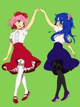  arm_up bad_id bad_pixiv_id blue_hair blush giggles green_background happy_tree_friends hirosuke_(psychexx) holding_hands long_hair multiple_girls pantyhose personification petunia pink_hair short_hair simple_background smile 