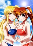  bikini blonde_hair blush breast_press breasts brown_hair fate_testarossa frills hair_ribbon holding_hands large_breasts long_hair lyrical_nanoha mahou_senki_lyrical_nanoha_force multiple_girls nanashiki navel open_mouth purple_eyes red_eyes ribbon side_ponytail swimsuit symmetrical_docking takamachi_nanoha very_long_hair 