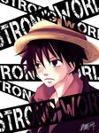  1boy black_hair brown_eyes formal hat male male_focus monkey_d_luffy necktie one_piece one_piece:_strong_world red_shirt scar shirt solo straw_hat text 