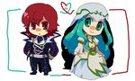  1boy 1girl aqua_eyes aqua_hair belt breasts choker cleavage coat collar creed_graphite dress flora_spodune long_hair pants red_eyes red_hair short_hair smile tales_of_(series) tales_of_hearts veil wide_sleeves 