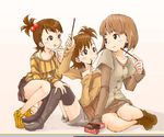  bob_cut brown_eyes brown_hair food futami_ami futami_mami hagiwara_yukiho idolmaster idolmaster_(classic) koma_(komainu32) multiple_girls pocky siblings side_ponytail smile socks thighhighs 