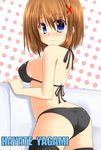  :3 ass bikini black_bikini black_legwear blue_eyes blush brown_hair character_name couch from_behind hair_ornament lask looking_back lyrical_nanoha mahou_shoujo_lyrical_nanoha_strikers polka_dot short_hair solo swimsuit thighhighs x_hair_ornament yagami_hayate 