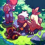  backpack bad_id bad_pixiv_id bag beret black_hair combusken curious fingerless_gloves forest gen_3_pokemon gloves grass hat katou_tom kouki_(pokemon) male_focus multiple_boys nature ninjask pokemon pokemon_(creature) pokemon_(game) pokemon_dppt pokemon_emerald pokemon_rse sweatdrop yuuki_(pokemon) 