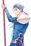  blood blood_on_face blue_hair earrings fate/stay_night fate_(series) gae_bolg highres jewelry lancer long_hair male_focus oishii_garriel polearm ponytail red_eyes solo spear weapon 